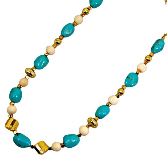 Turquoise stone necklace mixed with white wood beads and gold beads. - Picture 1 of 12